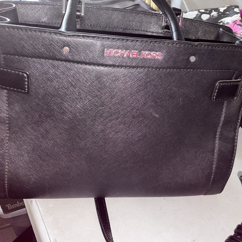 MICHAEL KORS RAYNE MEDIUM SATCHEL RACING Black‎ LEATHER Purse Zipper Handles